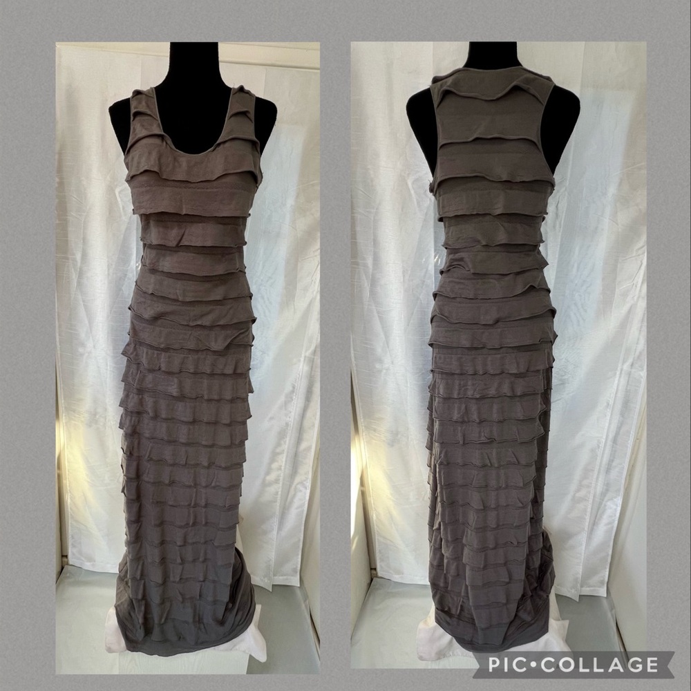 MAX EDITION Long Ruffled Grey Dress CASUAL FORMAL FLAMENCO SEMI SHEER Sz S/M